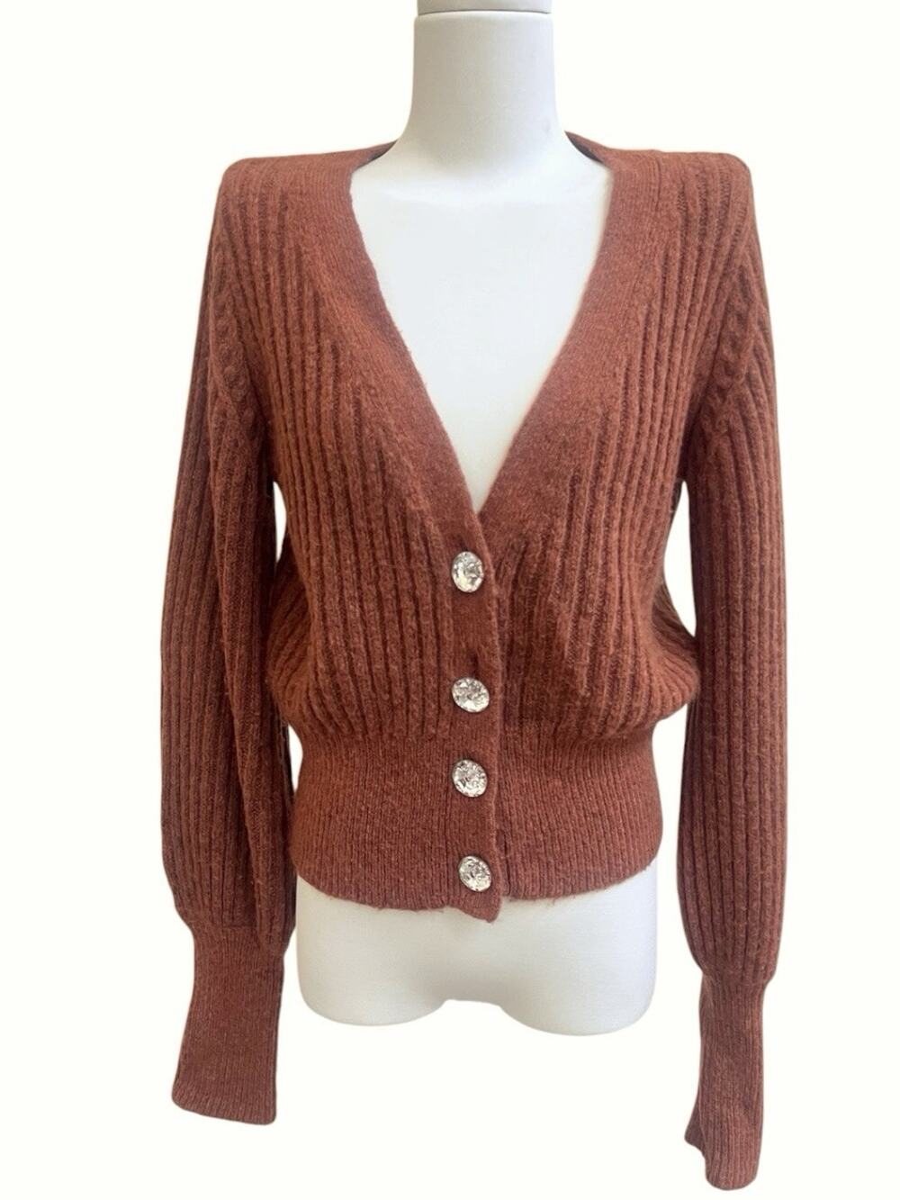 INTERMIX Ella Cardigan Wool Blend Brown Cardigan Sweater Sz S Jewel Buttons